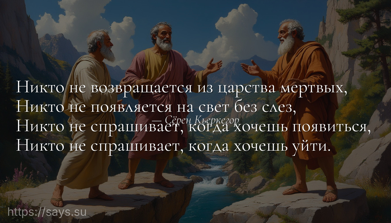 Никто не возвращается из царства мертвых, <br />Hикто не появляется на свет без слез, <br />Hикто не спрашивает, когда хочешь появиться, <br />Hикто не спрашивает, когда хочешь уйти.