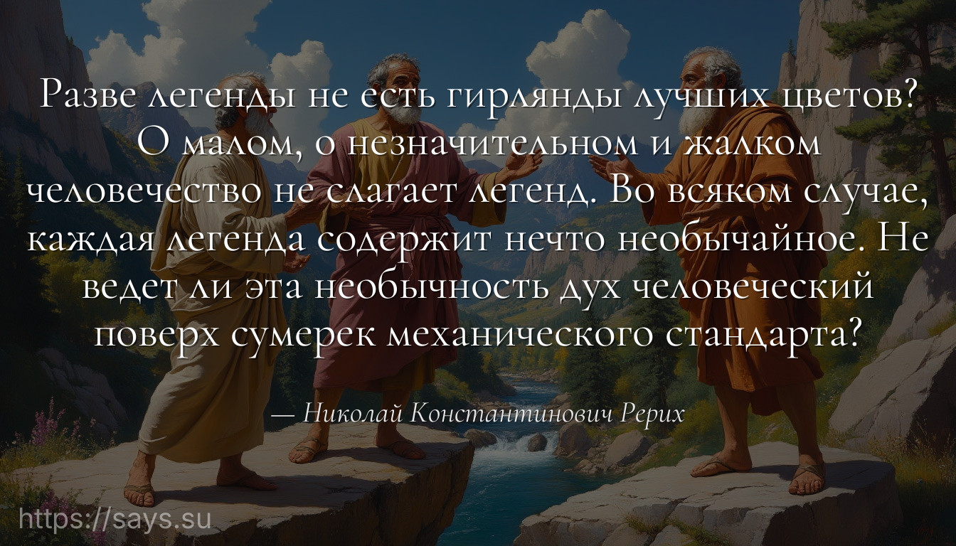 Разве легенды не есть гирлянды лучших цветов? О малом, о незначительном и жалком человечество не слагает легенд. Во всяком случае, каждая легенда содержит нечто необычайное. Не ведет ли эта необычность дух человеческий поверх сумерек механического стандарта?