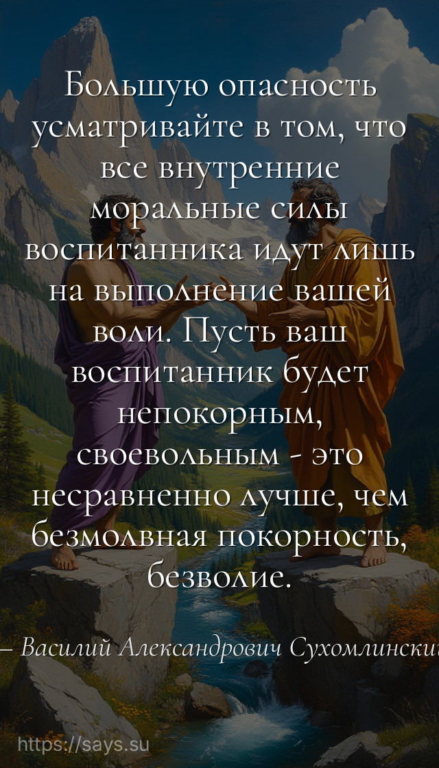 Большую опасность усматривайте в том, что все внутренние моральные силы воспитанника идут лишь на выполнение вашей воли. Пусть ваш воспитанник будет непокорным, своевольным - это несравненно лучше, чем безмолвная покорность, безволие.