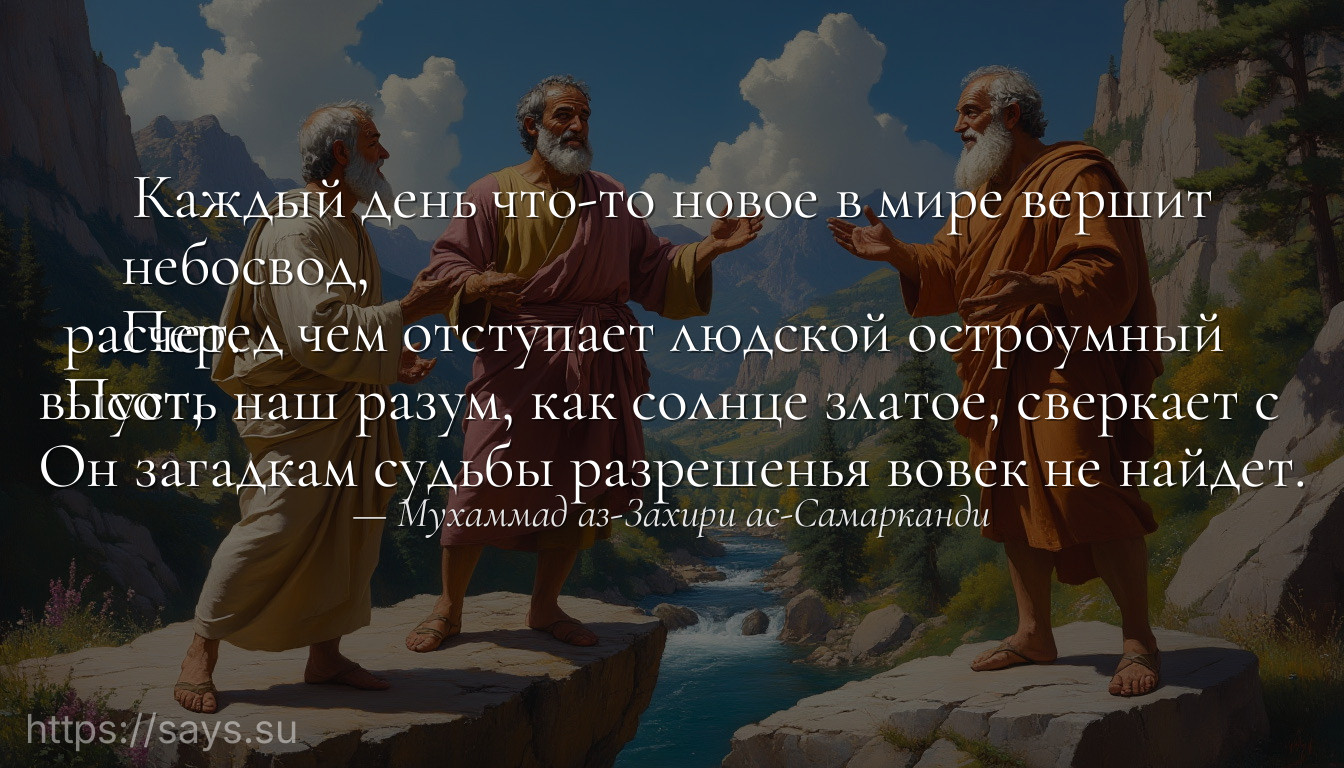 Каждый день что-то новое в мире вершит небосвод, <br />Перед чем отступает людской остроумный расчет.<br />Пусть наш разум, как солнце златое, сверкает с высот, <br />Он загадкам судьбы разрешенья вовек не найдет.