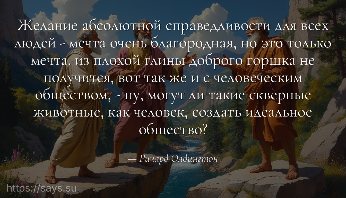Желание абсолютной справедливости для всех людей - мечта очень благородная, но это только мечта. из плохой глины доброго горшка не получится, вот так же и с человеческим обществом, - ну, могут ли такие скверные животные, как человек, создать идеальное общество?