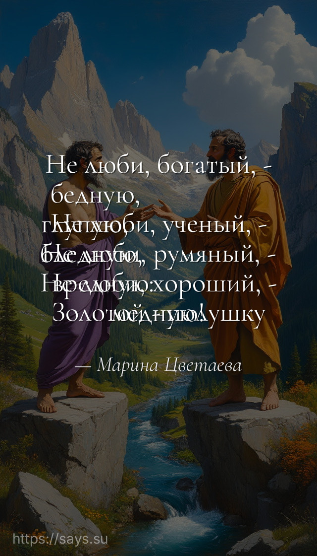 Не люби, богатый, - бедную, <br />Не люби, ученый, - глупую, <br />Не люби, румяный, - бледную, <br />Не люби, хороший, - вредную:<br />Золотой - полушку медную!