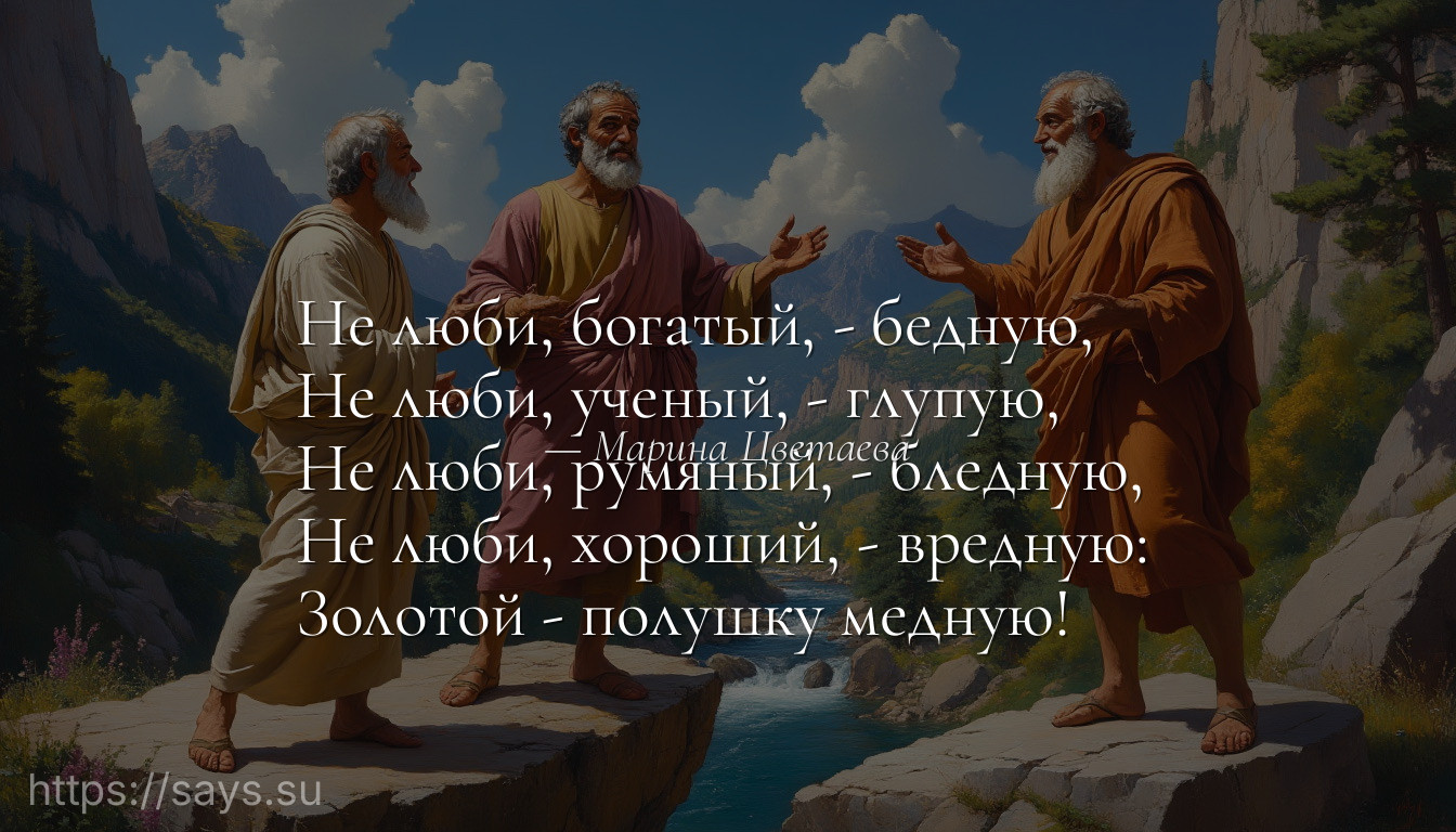 Не люби, богатый, - бедную, <br />Не люби, ученый, - глупую, <br />Не люби, румяный, - бледную, <br />Не люби, хороший, - вредную:<br />Золотой - полушку медную!