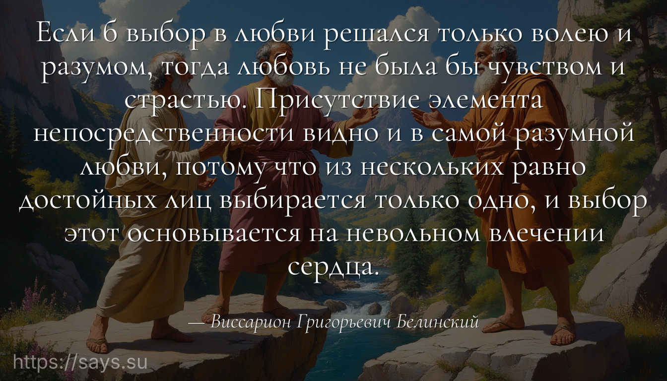 Если б выбор в любви решался только волею и разумом, тогда любовь не была бы чувством и страстью. Присутствие элемента непосредственности видно и в самой разумной любви, потому что из нескольких равно достойных лиц выбирается только одно, и выбор этот основывается на невольном влечении сердца.