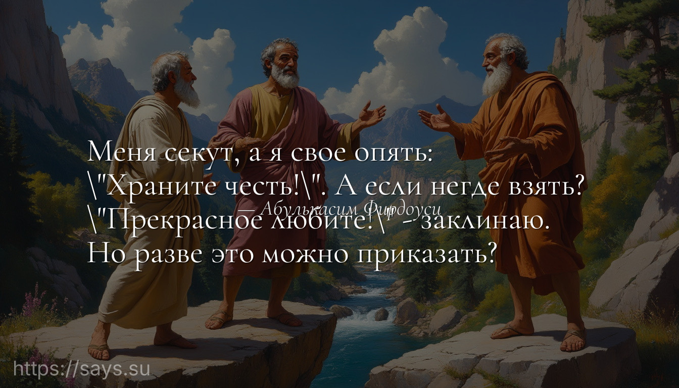 Меня секут, а я свое опять: <br />\Храните честь!\. А если негде взять? <br />\Прекрасное любите!\ - заклинаю. <br />Но разве это можно приказать?