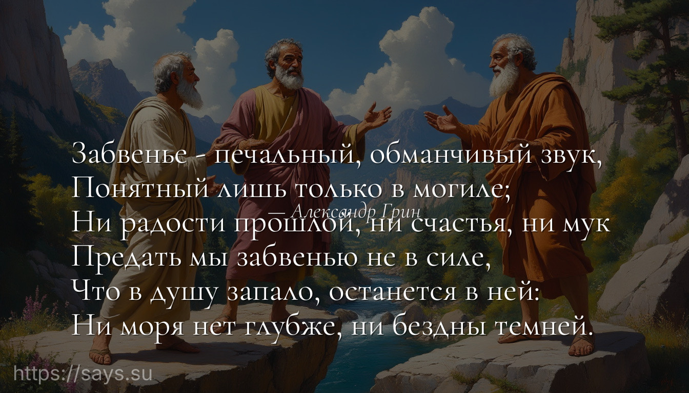 Забвенье - печальный, обманчивый звук, <br />Понятный лишь только в могиле; <br />Ни радости прошлой, ни счастья, ни мук <br />Предать мы забвенью не в силе, <br />Что в душу запало, останется в ней: <br />Ни моря нет глубже, ни бездны темней.