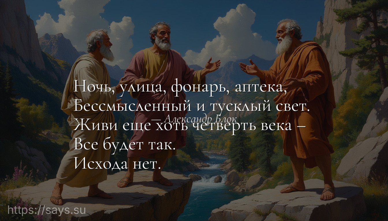 Ночь, улица, фонарь, аптека, <br />Бессмысленный и тусклый свет. <br />Живи еще хоть четверть века – <br />Все будет так. <br />Исхода нет.
