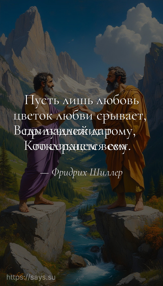 Пусть лишь любовь цветок любви срывает, <br />Ведь лучший дар принадлежит тому, <br />Кто сердцем всем откликнется ему.