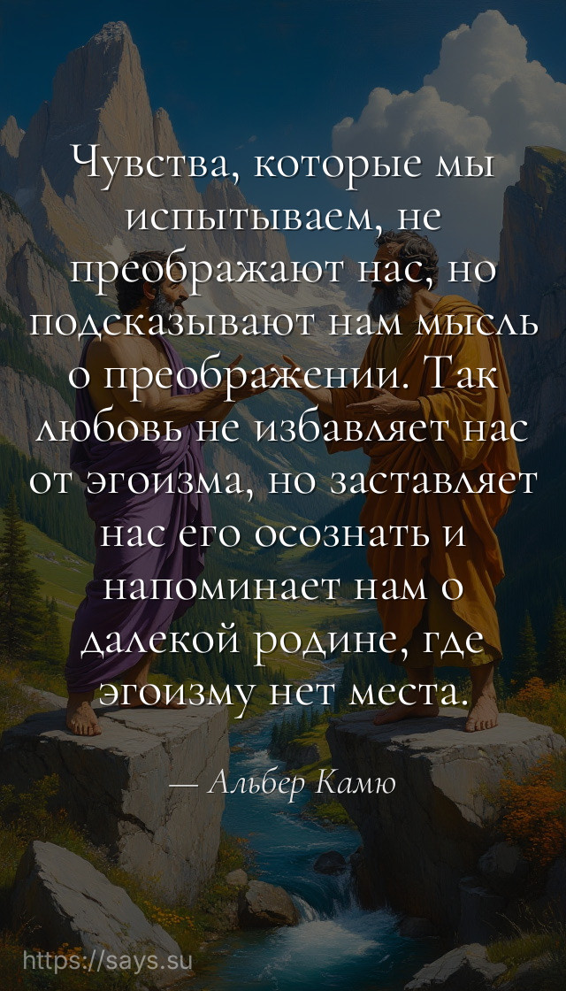 Чувства, которые мы испытываем, не преображают нас, но подсказывают нам мысль о преображении. Так любовь не избавляет нас от эгоизма, но заставляет нас его осознать и напоминает нам о далекой родине, где эгоизму нет места.