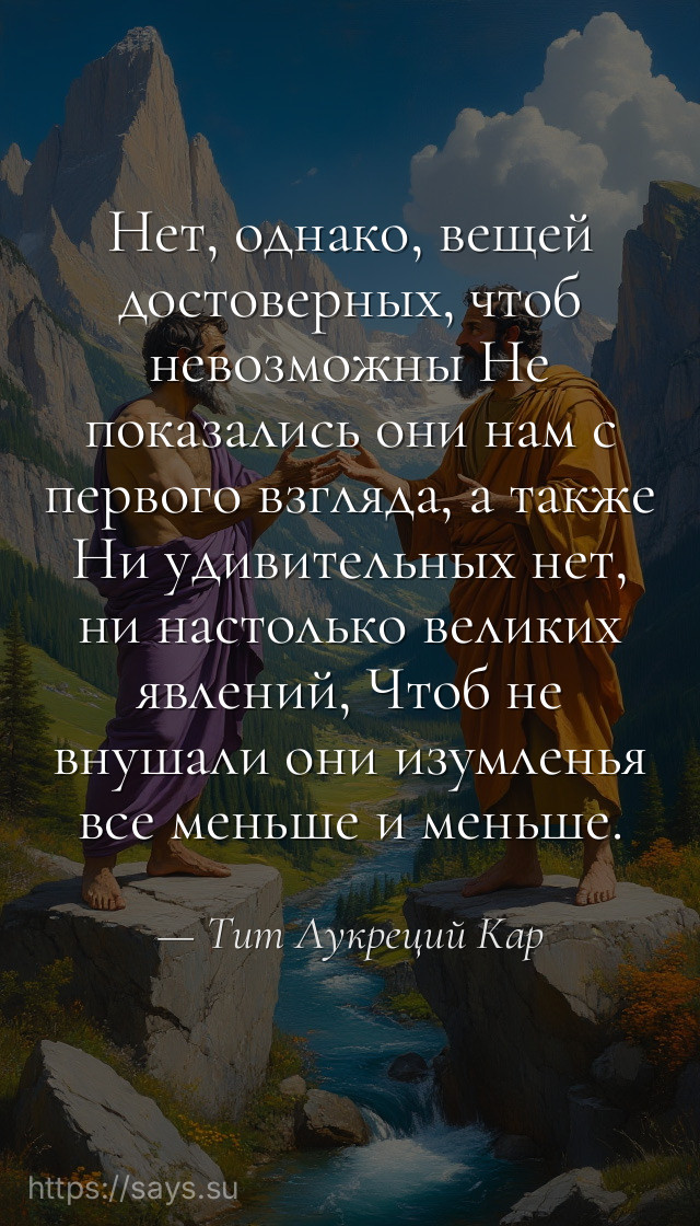 Нет, однако, вещей достоверных, чтоб невозможны Не показались они нам с первого взгляда, а также Ни удивительных нет, ни настолько великих явлений, Чтоб не внушали они изумленья все меньше и меньше.