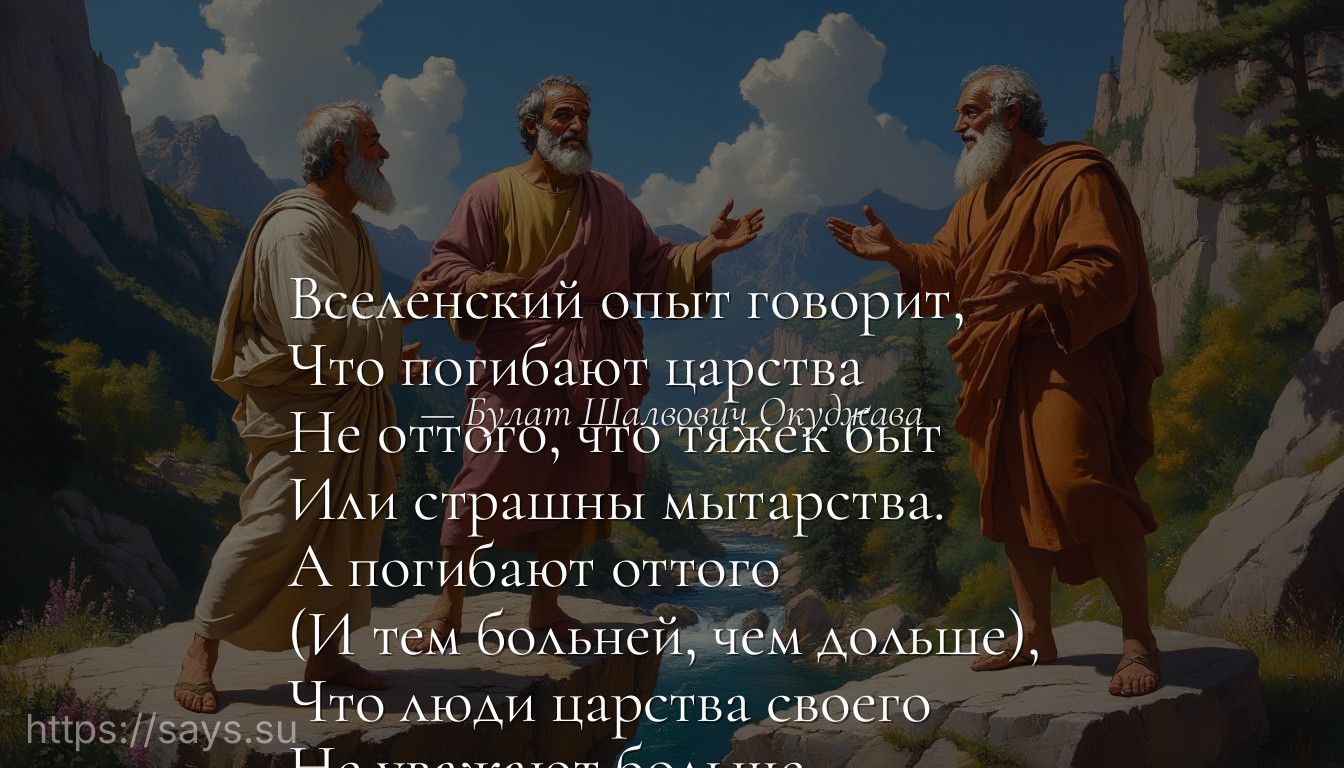Вселенский опыт говорит, <br />Что погибают царства <br />Не оттого, что тяжек быт <br />Или страшны мытарства.<br />А погибают оттого <br />(И тем больней, чем дольше), <br />Что люди царства своего <br />Не уважают больше.