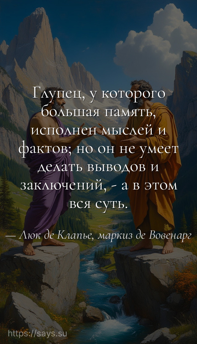 Глупец, у которого большая память, исполнен мыслей и фактов; но он не умеет делать выводов и заключений, - а в этом вся суть.