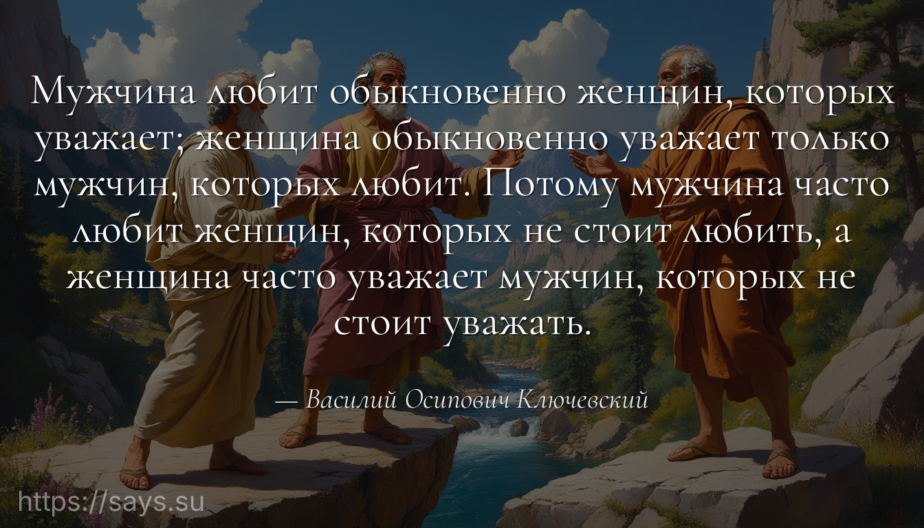 Мужчина любит обыкновенно женщин, которых уважает; женщина обыкновенно уважает только мужчин, которых любит. Потому мужчина часто любит женщин, которых не стоит любить, а женщина часто уважает мужчин, которых не стоит уважать.