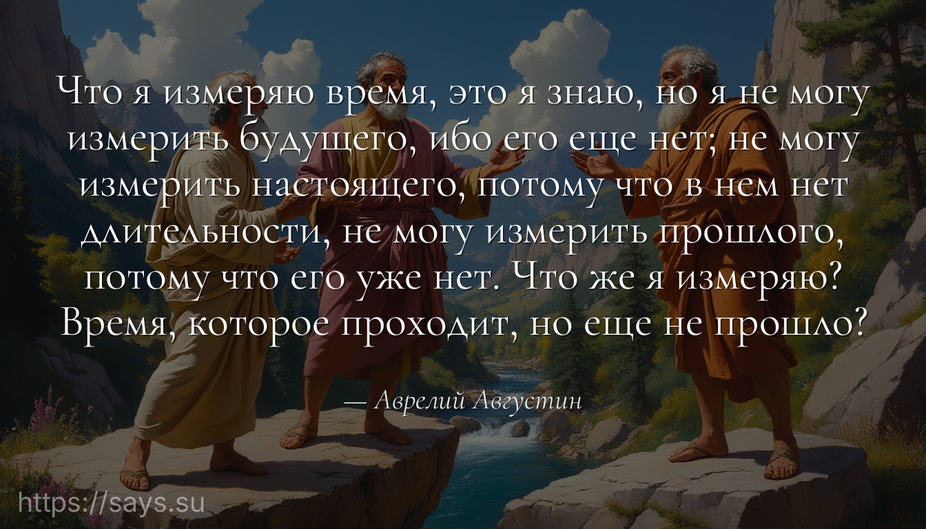 Что я измеряю время, это я знаю, но я не могу измерить будущего, ибо его еще нет; не могу измерить настоящего, потому что в нем нет длительности, не могу измерить прошлого, потому что его уже нет. Что же я измеряю? Время, которое проходит, но еще не прошло?