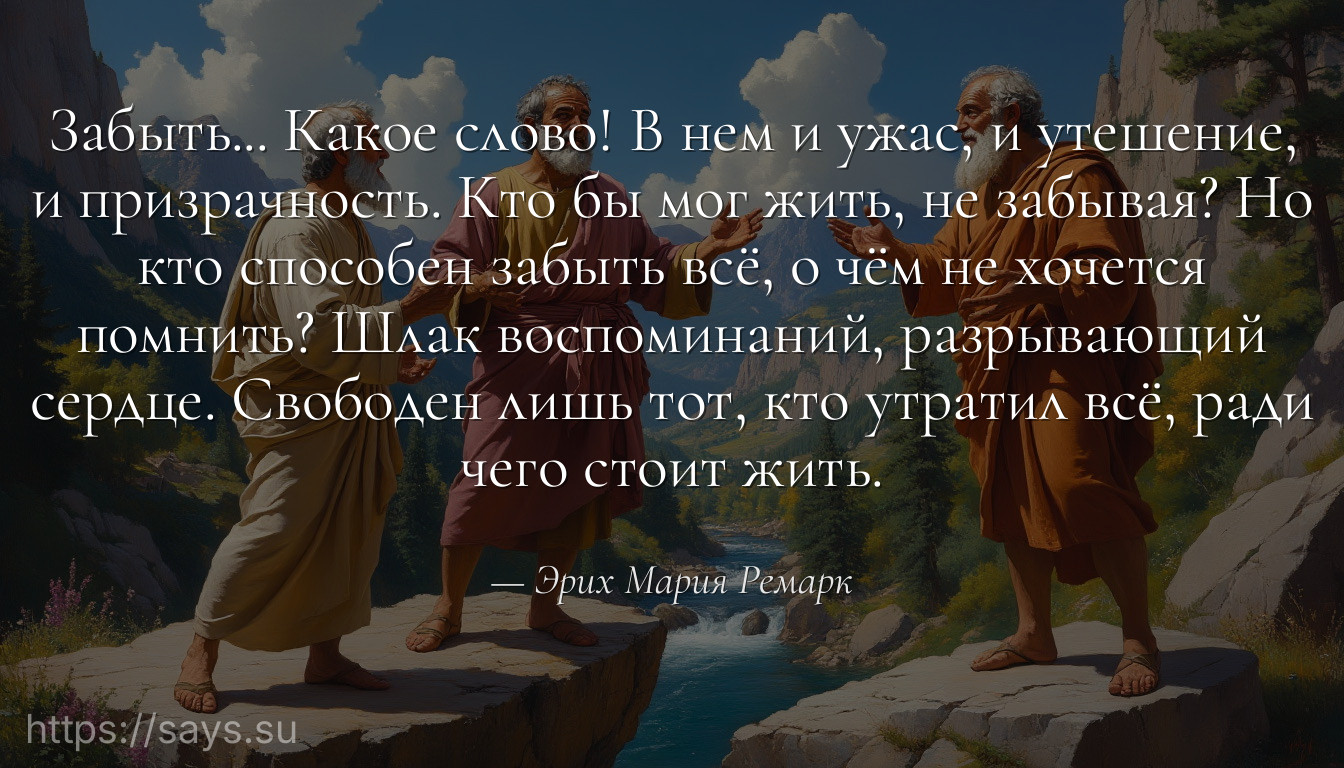 Забыть... Какое слово! В нем и ужас, и утешение, и призрачность. Кто бы мог жить, не забывая? Но кто способен забыть всё, о чём не хочется помнить? Шлак воспоминаний, разрывающий сердце. Свободен лишь тот, кто утратил всё, ради чего стоит жить.