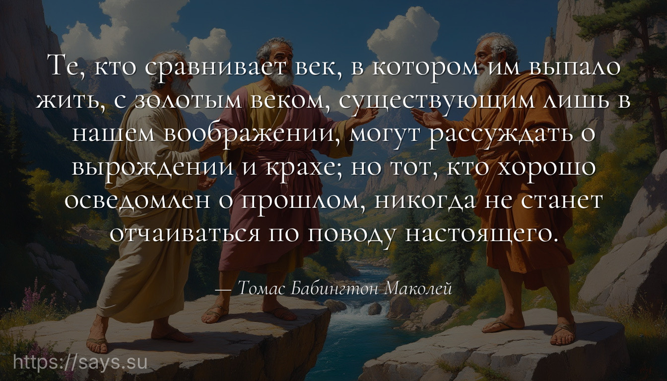 Те, кто сравнивает век, в котором им выпало жить, с золотым веком, существующим лишь в нашем воображении, могут рассуждать о вырождении и крахе; но тот, кто хорошо осведомлен о прошлом, никогда не станет отчаиваться по поводу настоящего.