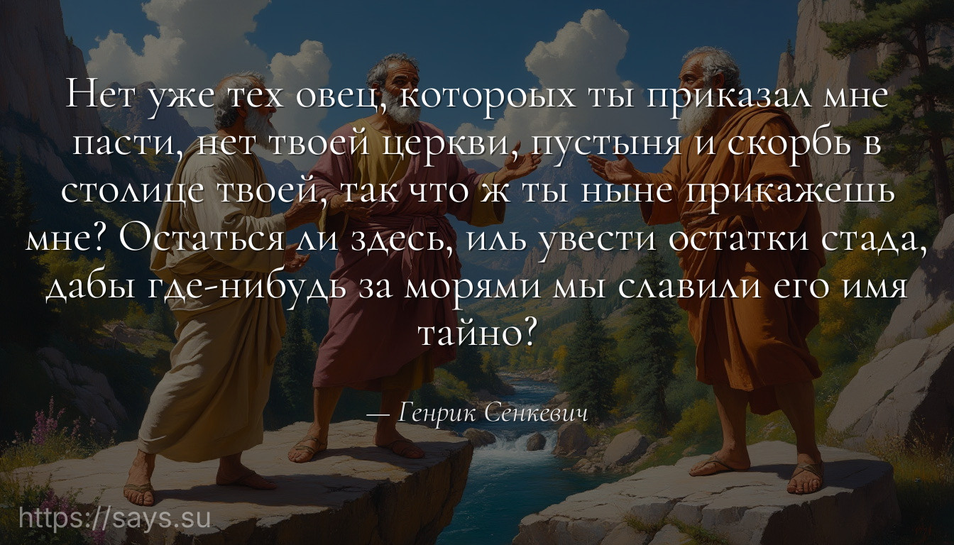 Нет уже тех овец, котороых ты приказал мне пасти, нет твоей церкви, пустыня и скорбь в столице твоей, так что ж ты ныне прикажешь мне? Остаться ли здесь, иль увести остатки стада, дабы где-нибудь за морями мы славили его имя тайно?