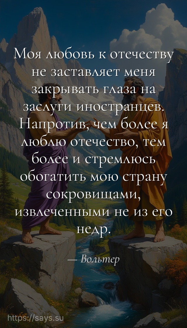 Моя любовь к отечеству не заставляет меня закрывать глаза на заслуги иностранцев. Напротив, чем более я люблю отечество, тем более и стремлюсь обогатить мою страну сокровищами, извлеченными не из его недр.