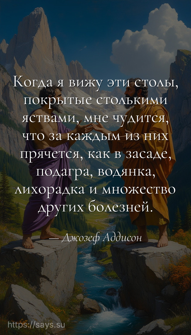 Когда я вижу эти столы, покрытые столькими яствами, мне чудится, что за каждым из них прячется, как в засаде, подагра, водянка, лихорадка и множество других болезней.