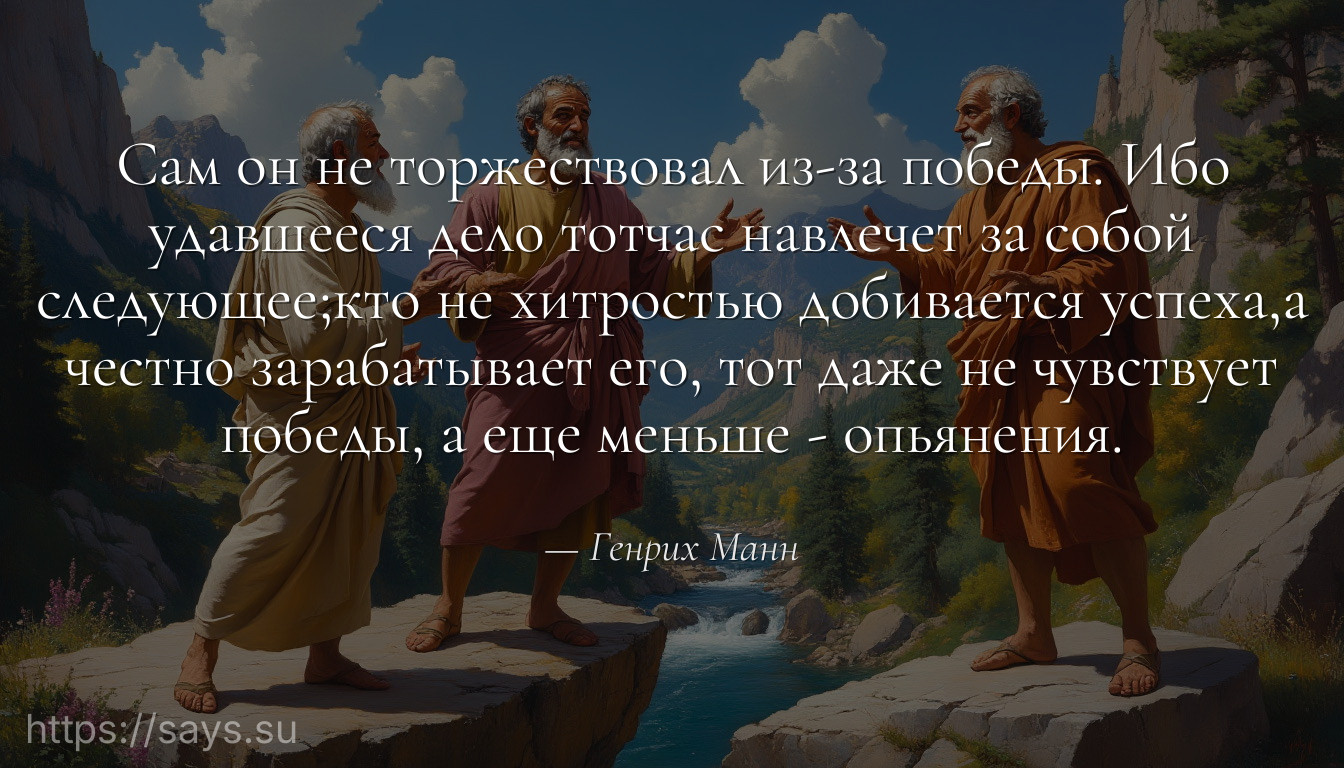 Сам он не торжествовал из-за победы. Ибо удавшееся дело тотчас навлечет за собой следующее;кто не хитростью добивается успеха,а честно зарабатывает его, тот даже не чувствует победы, а еще меньше - опьянения.