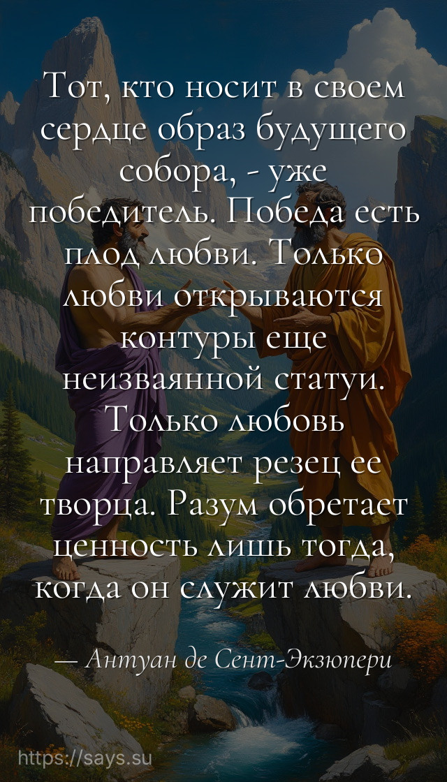 Тот, кто носит в своем сердце образ будущего собора, - уже победитель. Победа есть плод любви. Только любви открываются контуры еще неизваянной статуи. Только любовь направляет резец ее творца. Разум обретает ценность лишь тогда, когда он служит любви.