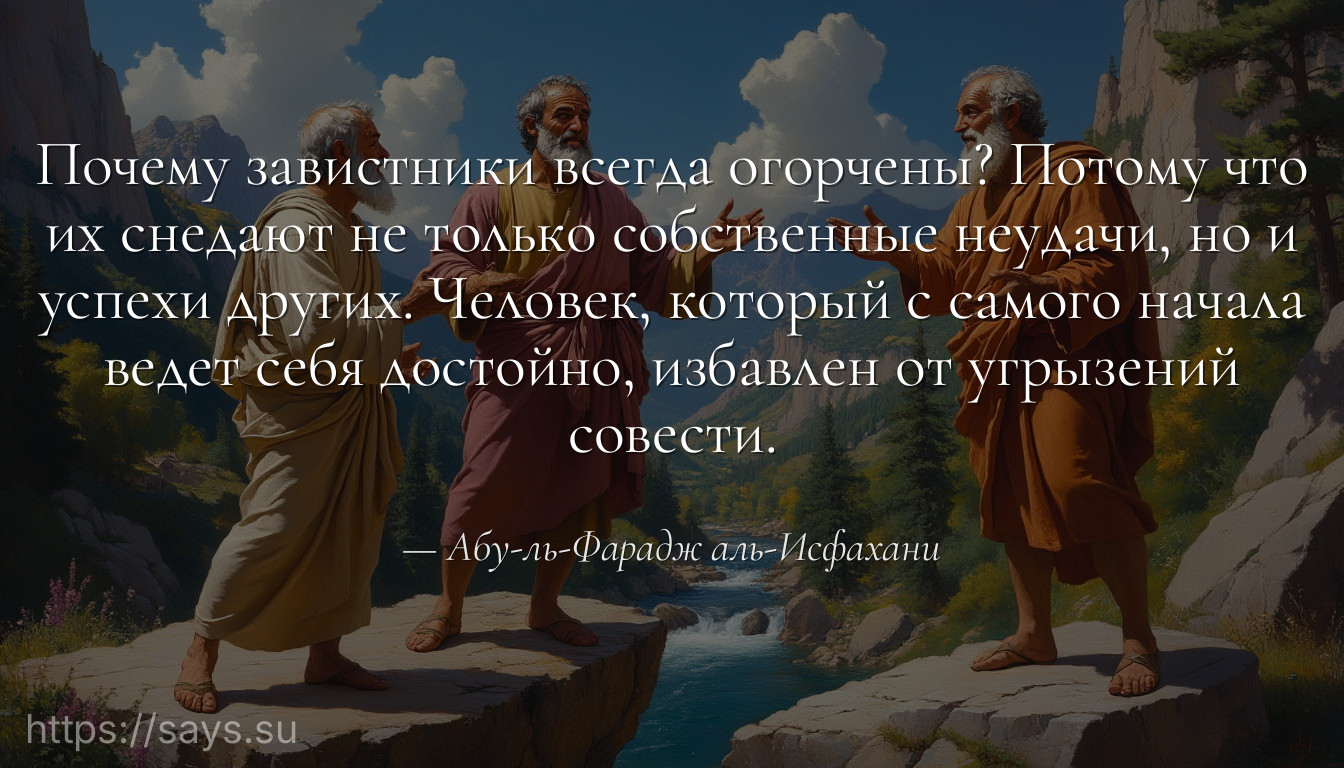 Почему завистники всегда огорчены? Потому что их снедают не только собственные неудачи, но и успехи других. Человек, который с самого начала ведет себя достойно, избавлен от угрызений совести.