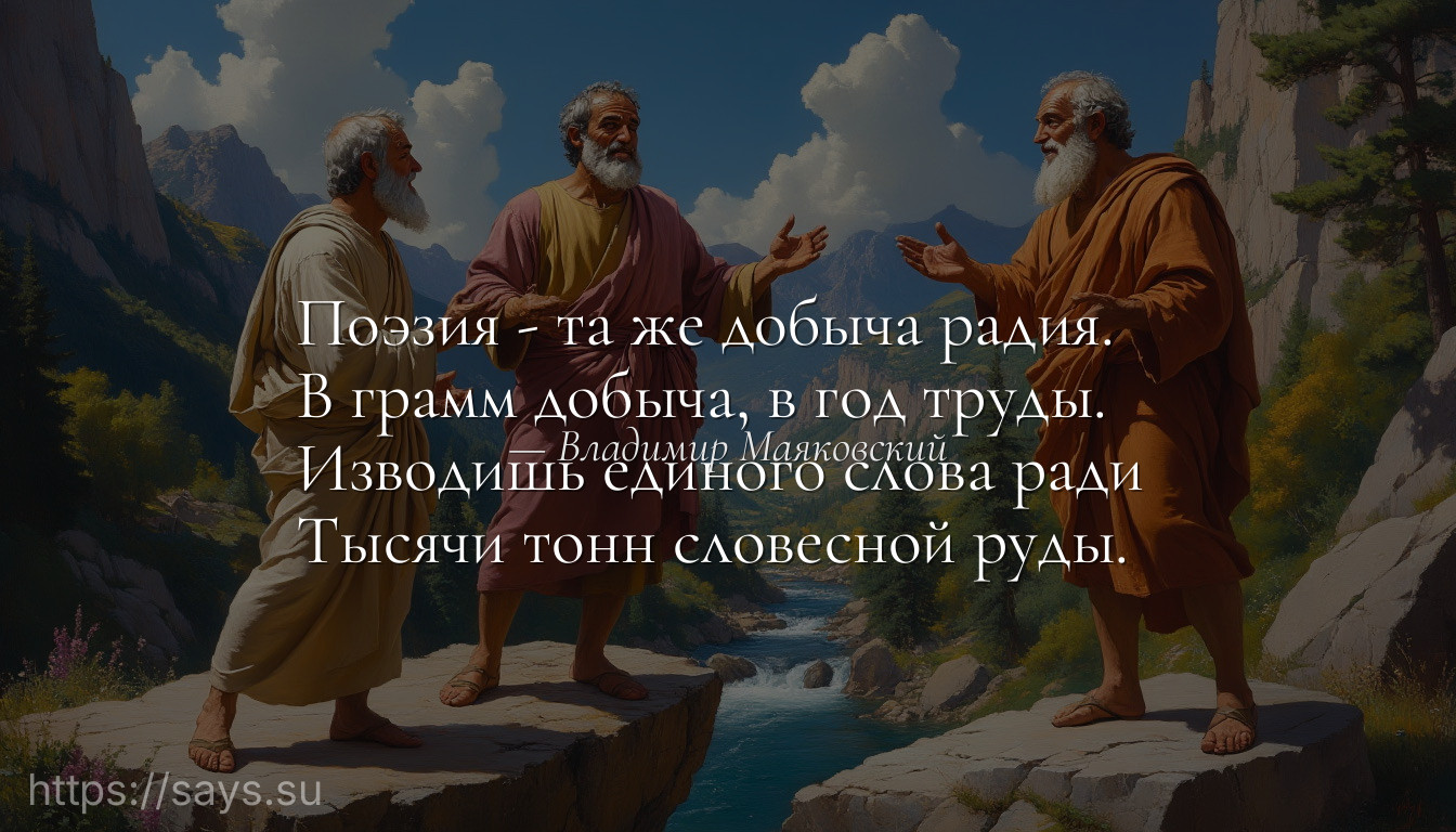 Поэзия - та же добыча радия. <br />В грамм добыча, в год труды. <br />Изводишь единого слова ради <br />Тысячи тонн словесной руды.
