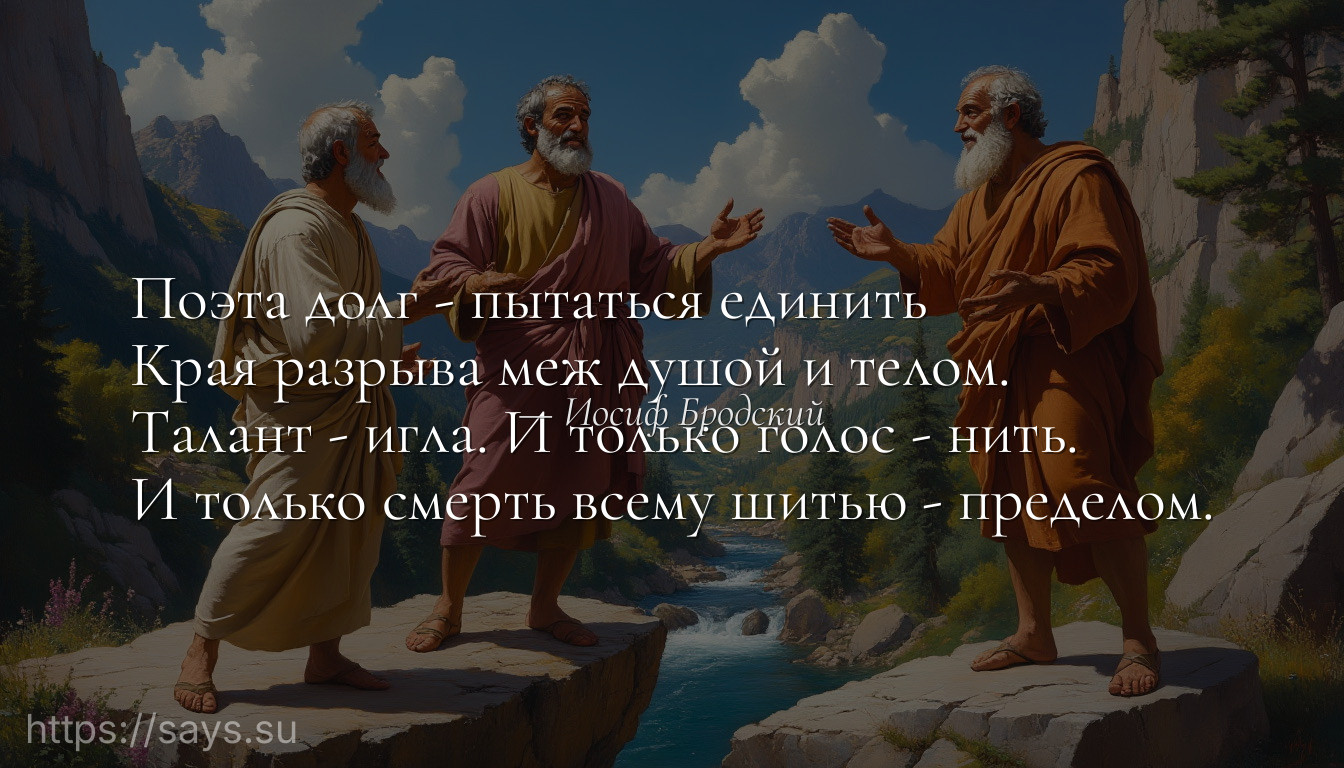 Поэта долг - пытаться единить <br />Края разрыва меж душой и телом. <br />Талант - игла. И только голос - нить. <br />И только смерть всему шитью - пределом.