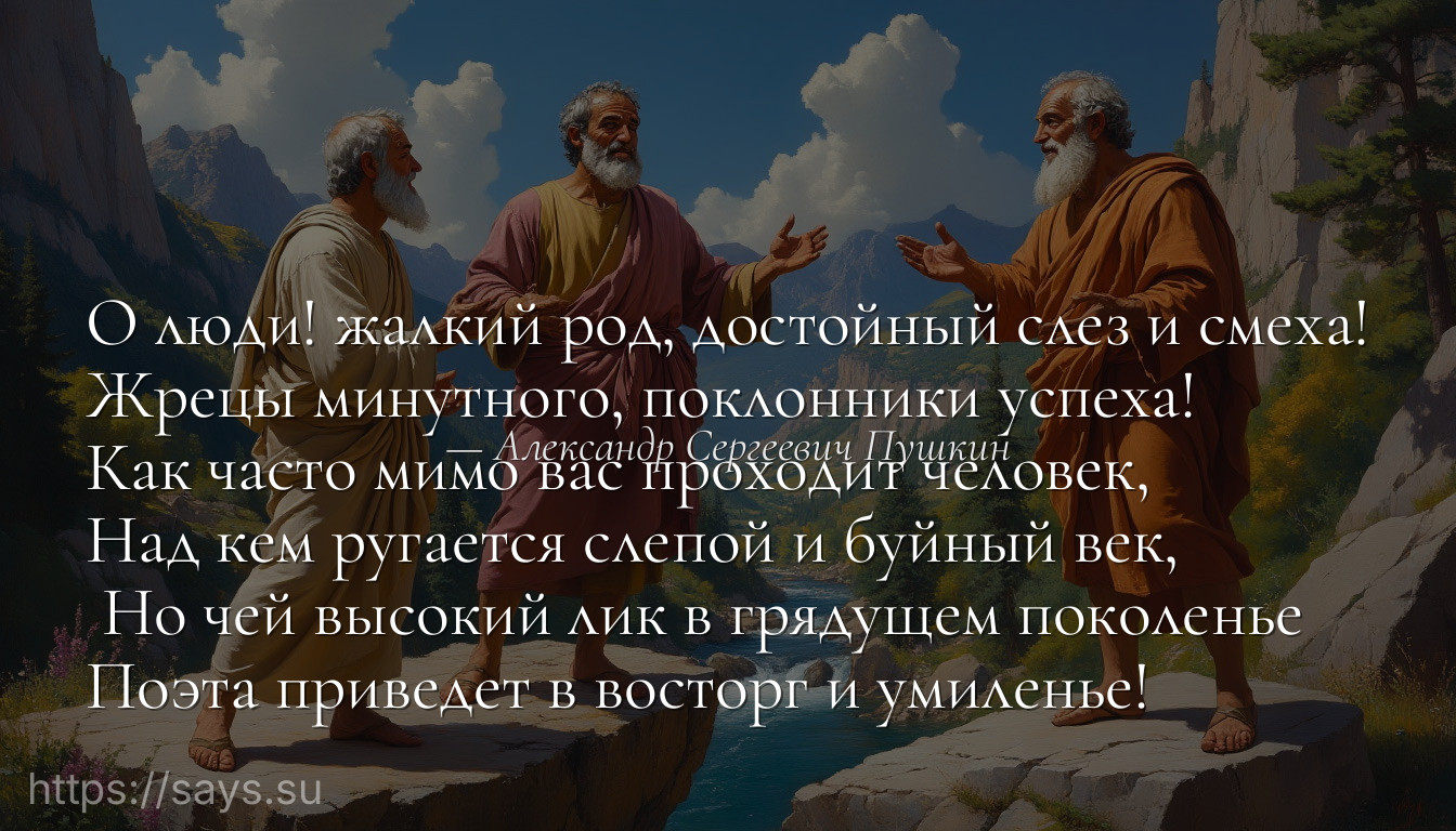 О люди! жалкий род, достойный слез и смеха!<br />Жрецы минутного, поклонники успеха!<br />Как часто мимо вас проходит человек, <br />Над кем ругается слепой и буйный век,<br /> Но чей высокий лик в грядущем поколенье <br />Поэта приведет в восторг и умиленье!
