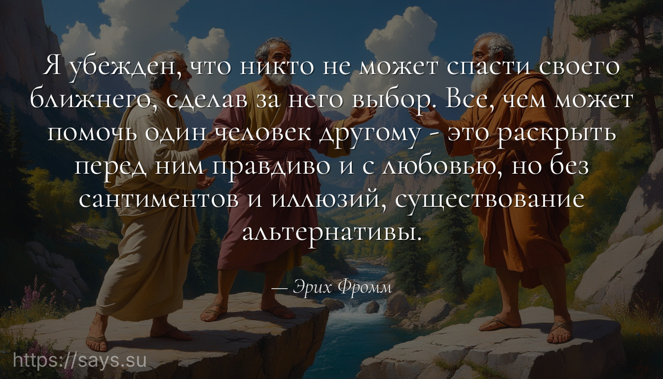 Я убежден, что никто не может спасти своего ближнего, сделав за него выбор. Все, чем может помочь один человек другому - это раскрыть перед ним правдиво и с любовью, но без сантиментов и иллюзий, существование альтернативы.