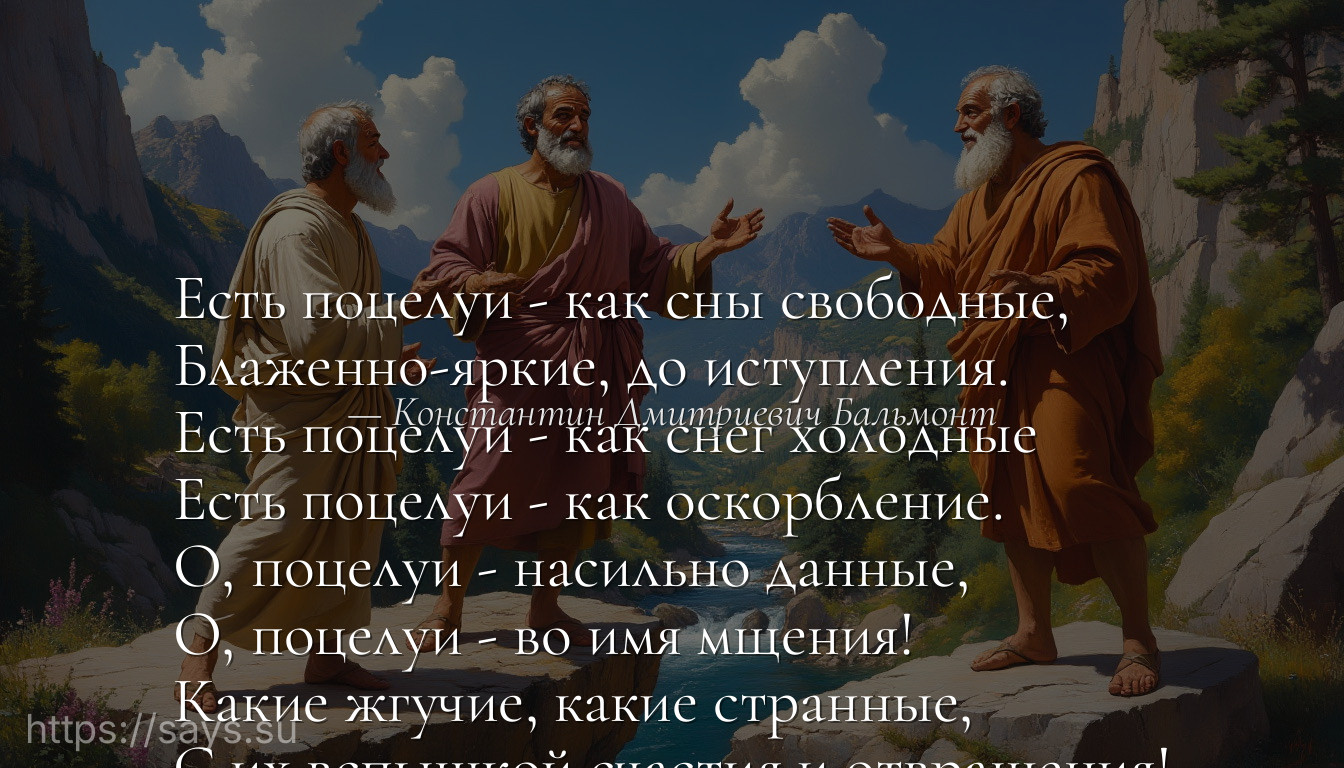 Есть поцелуи - как сны свободные, <br />Блаженно-яркие, до иступления. <br />Есть поцелуи - как снег холодные <br />Есть поцелуи - как оскорбление. <br />О, поцелуи - насильно данные, <br />О, поцелуи - во имя мщения! <br />Какие жгучие, какие странные, <br />С их вспышкой счастия и отвращения!