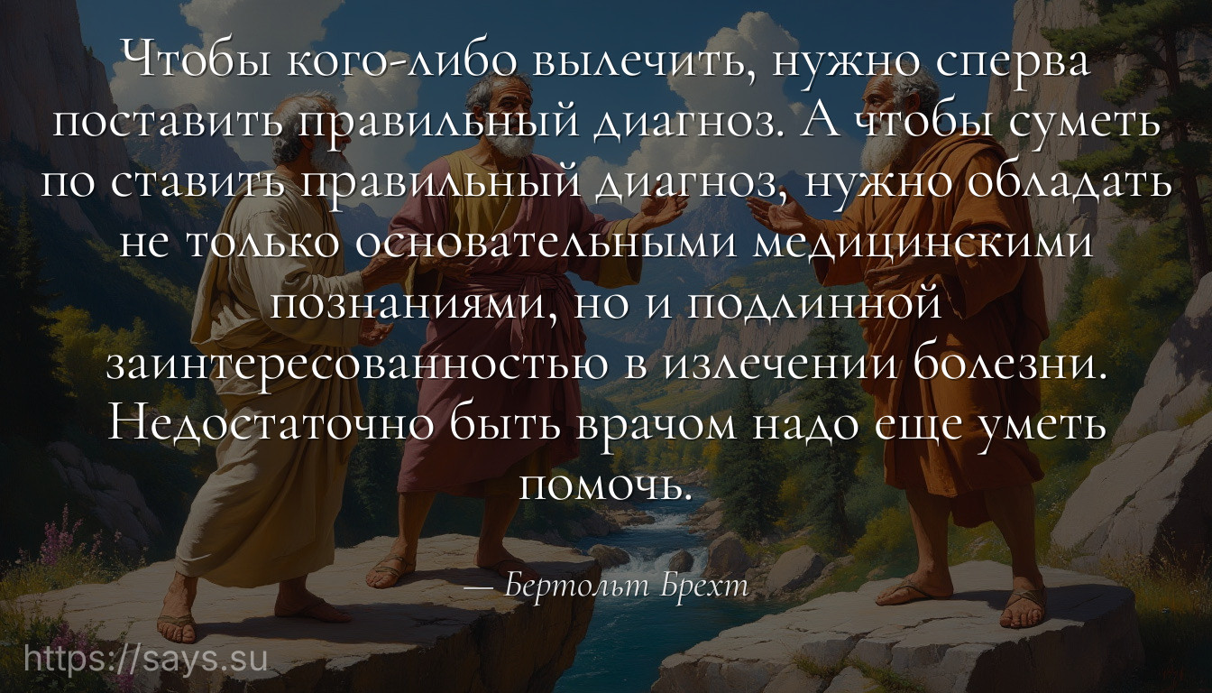 Чтобы кого-либо вылечить, нужно сперва поставить правильный диагноз. А чтобы суметь по ставить правильный диагноз, нужно обладать не только основательными медицинскими познаниями, но и подлинной заинтересованностью в излечении болезни. Недостаточно быть врачом надо еще уметь помочь.