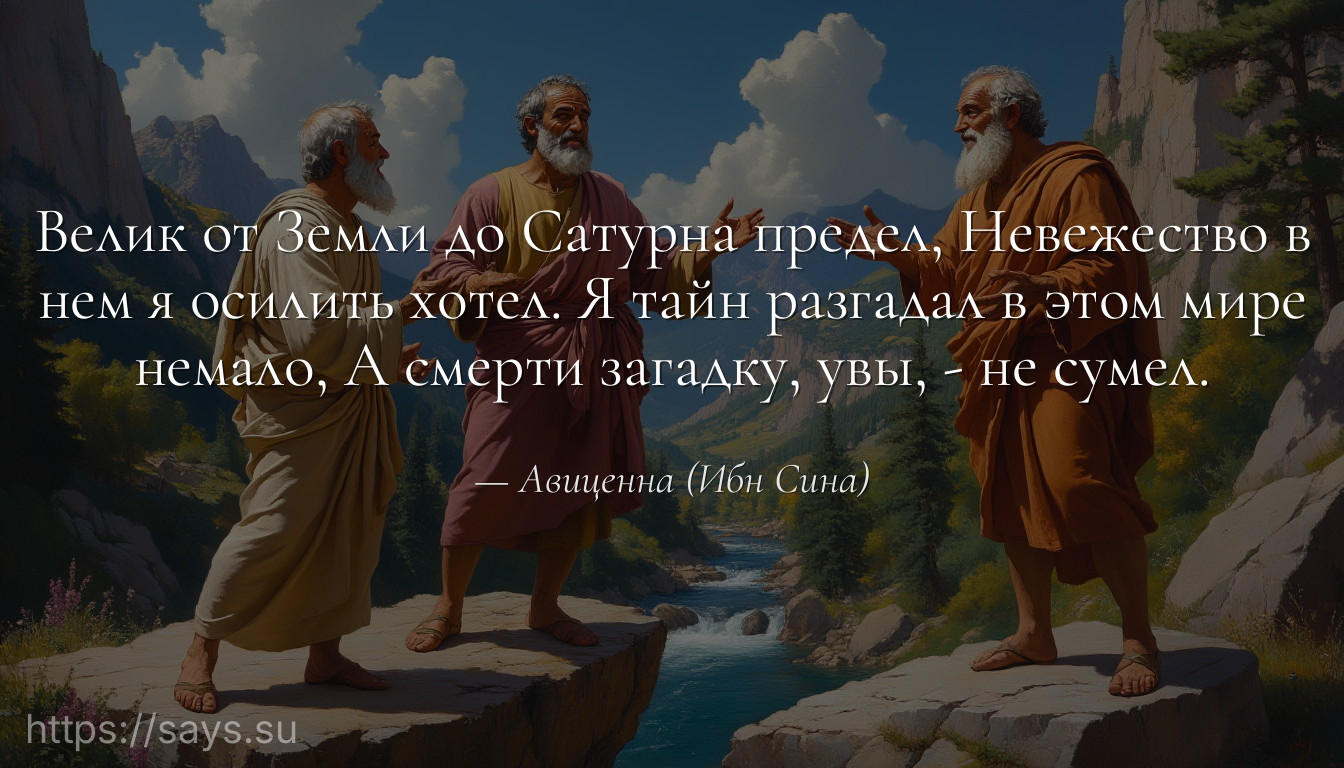 Велик от Земли до Сатурна предел, Невежество в нем я осилить хотел. Я тайн разгадал в этом мире немало, А смерти загадку, увы, - не сумел.