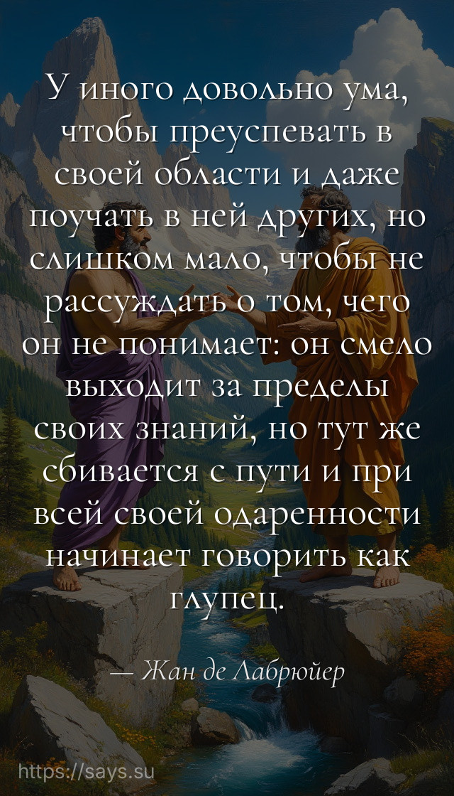 У иного довольно ума, чтобы преуспевать в своей области и даже поучать в ней других, но слишком мало, чтобы не рассуждать о том, чего он не понимает: он смело выходит за пределы своих знаний, но тут же сбивается с пути и при всей своей одаренности начинает говорить как глупец.