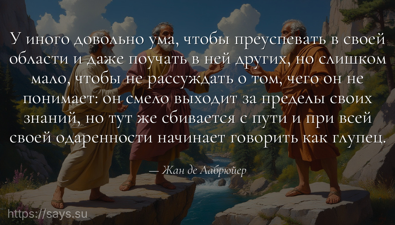 У иного довольно ума, чтобы преуспевать в своей области и даже поучать в ней других, но слишком мало, чтобы не рассуждать о том, чего он не понимает: он смело выходит за пределы своих знаний, но тут же сбивается с пути и при всей своей одаренности начинает говорить как глупец.