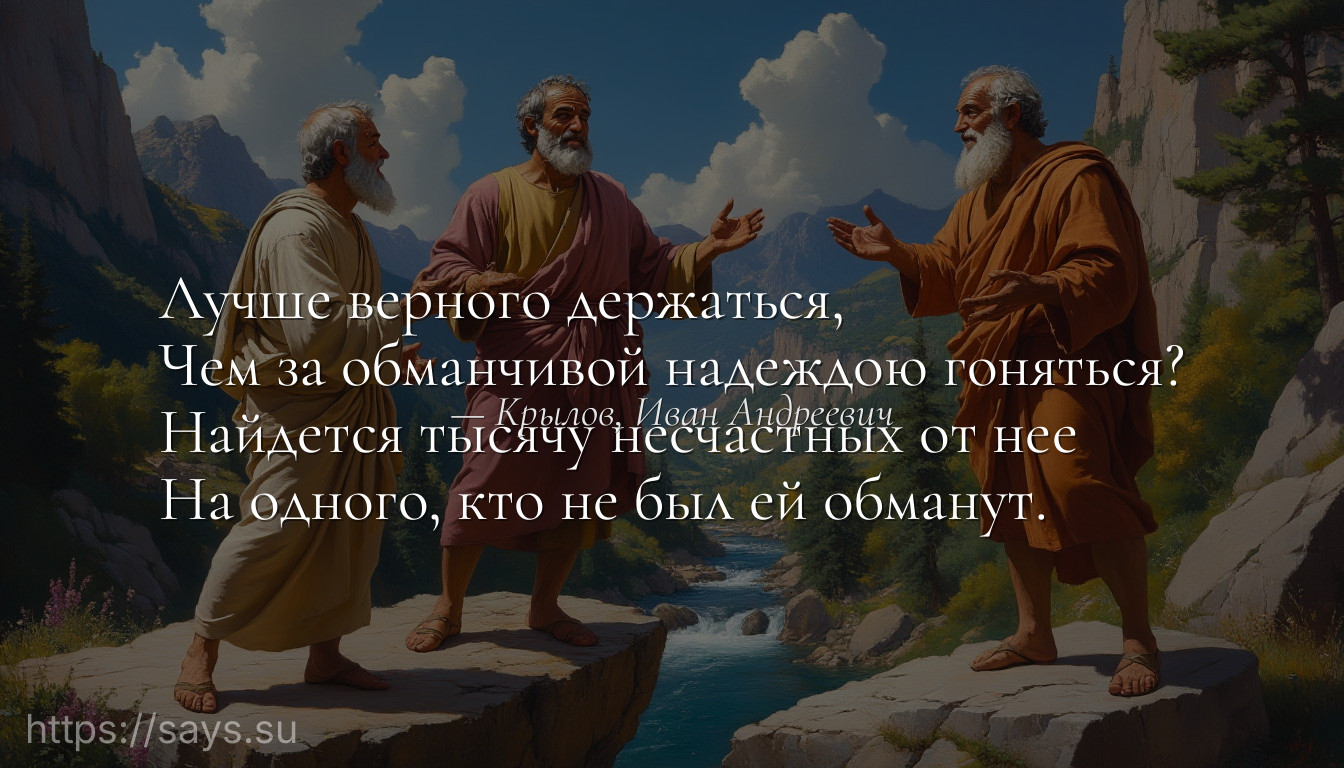 Лучше верного держаться,<br />Чем за обманчивой надеждою гоняться?<br />Найдется тысячу несчастных от нее<br />На одного, кто не был ей обманут.