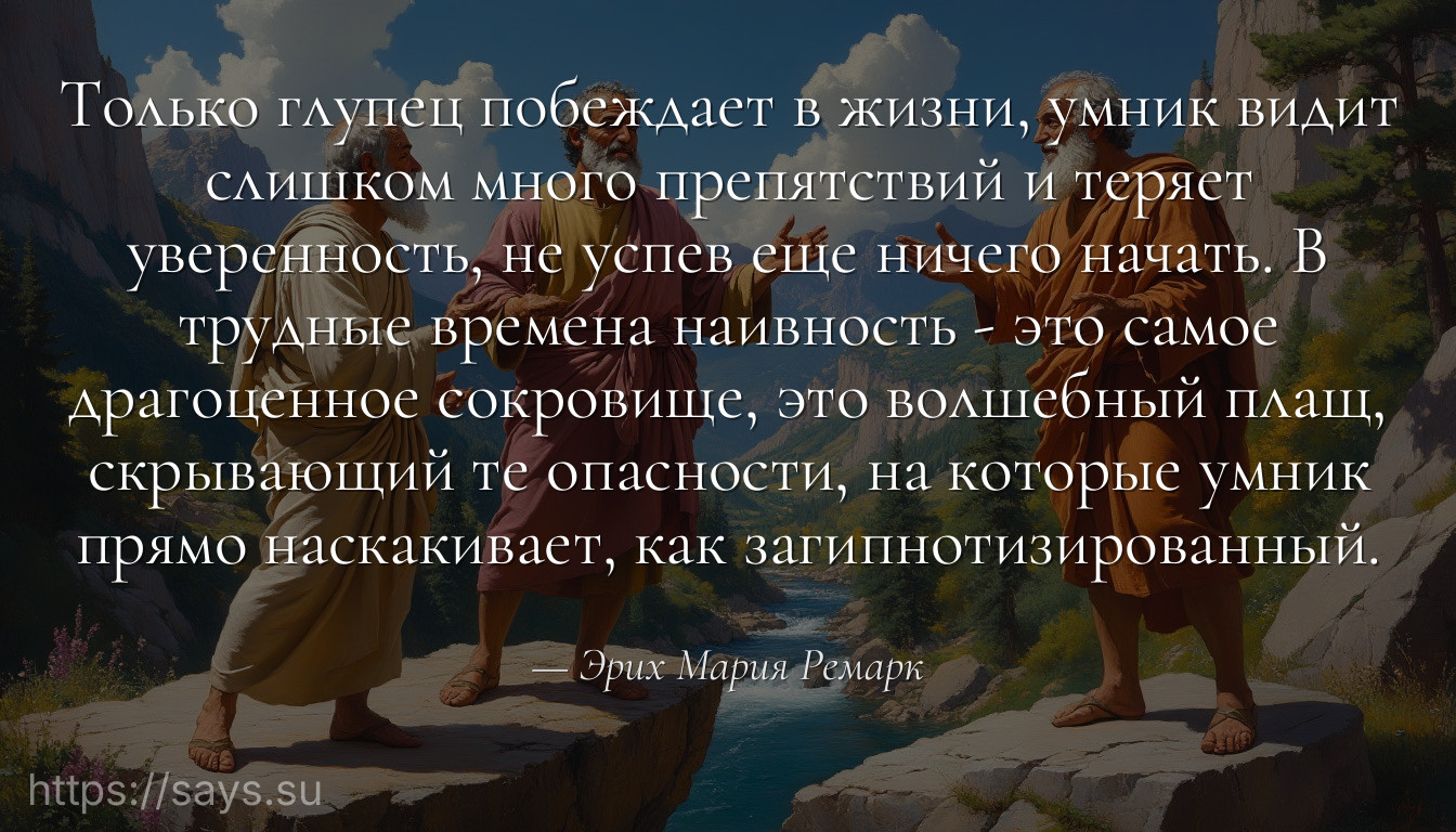 Только глупец побеждает в жизни, умник видит слишком много препятствий и теряет уверенность, не успев еще ничего начать. В трудные времена наивность - это самое драгоценное сокровище, это волшебный плащ, скрывающий те опасности, на которые умник прямо наскакивает, как загипнотизированный.