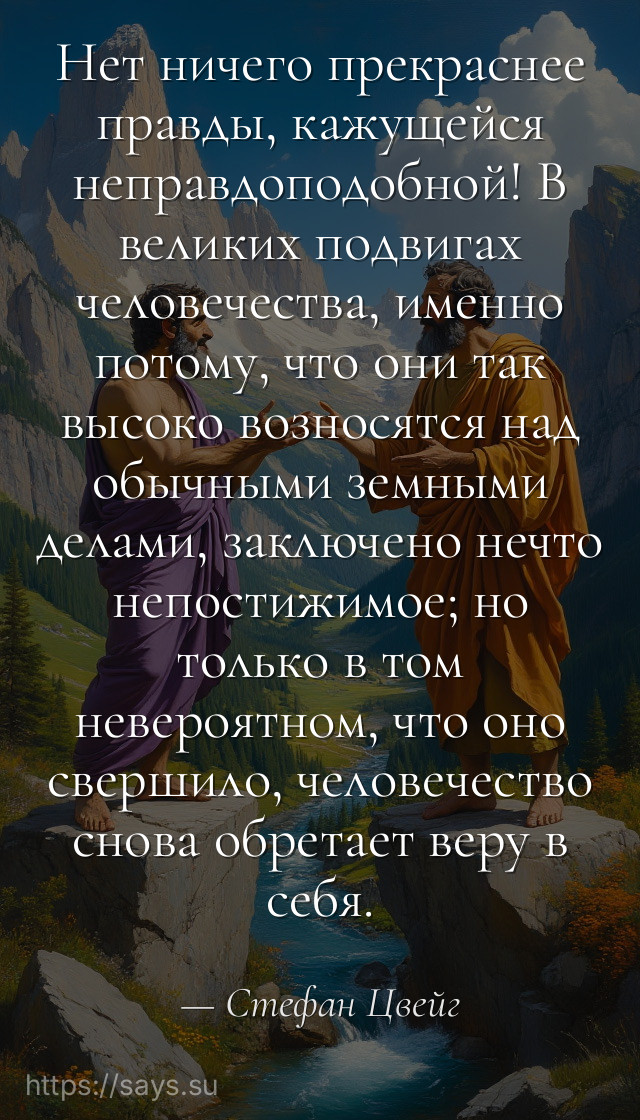 Нет ничего прекраснее правды, кажущейся неправдоподобной! В великих подвигах человечества, именно потому, что они так высоко возносятся над обычными земными делами, заключено нечто непостижимое; но только в том невероятном, что оно свершило, человечество снова обретает веру в себя.