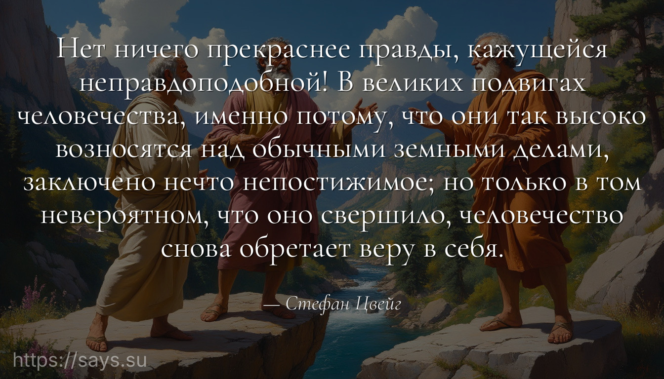 Нет ничего прекраснее правды, кажущейся неправдоподобной! В великих подвигах человечества, именно потому, что они так высоко возносятся над обычными земными делами, заключено нечто непостижимое; но только в том невероятном, что оно свершило, человечество снова обретает веру в себя.