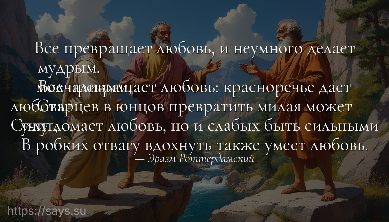Все превращает любовь, и неумного делает мудрым.<br />Все превращает любовь: красноречье дает молчаливым, <br />Старцев в юнцов превратить милая может любовь. <br />Силу ломает любовь, но и слабых быть сильными учит, <br />В робких отвагу вдохнуть также умеет любовь.