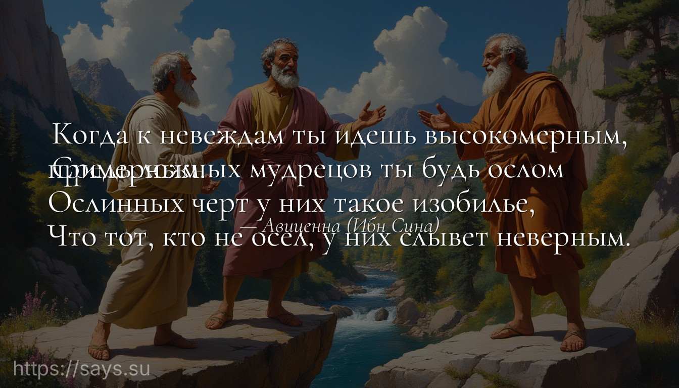 Когда к невеждам ты идешь высокомерным,<br />Средь ложных мудрецов ты будь ослом примерным.<br />Ослинных черт у них такое изобилье,<br />Что тот, кто не осел, у них слывет неверным.