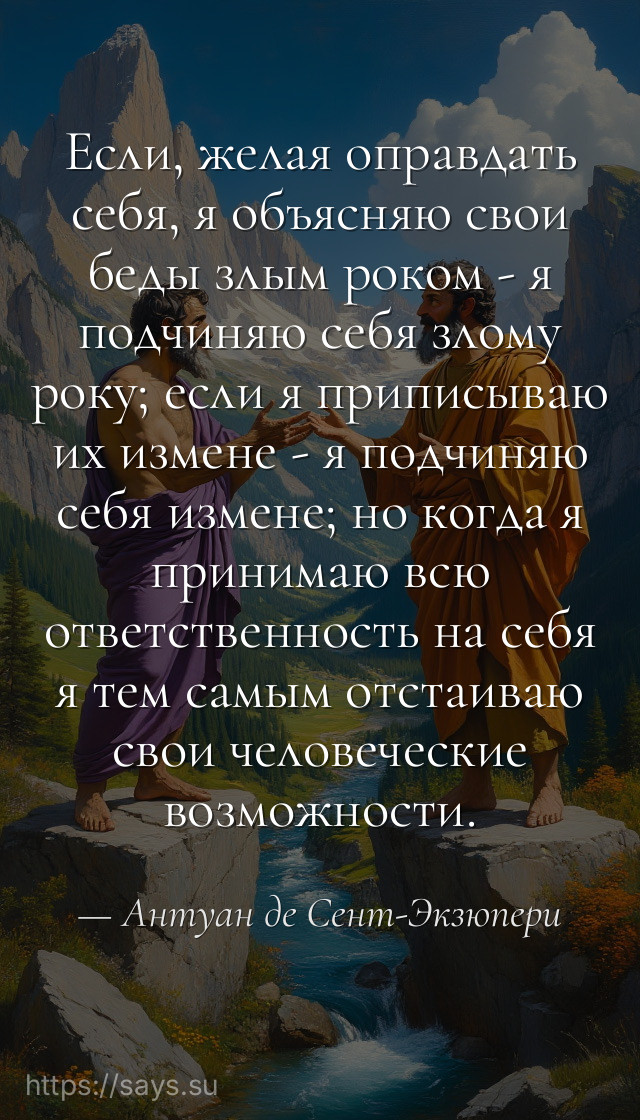 Если, желая оправдать себя, я объясняю свои беды злым роком - я подчиняю себя злому року; если я приписываю их измене - я подчиняю себя измене; но когда я принимаю всю ответственность на себя я тем самым отстаиваю свои человеческие возможности.