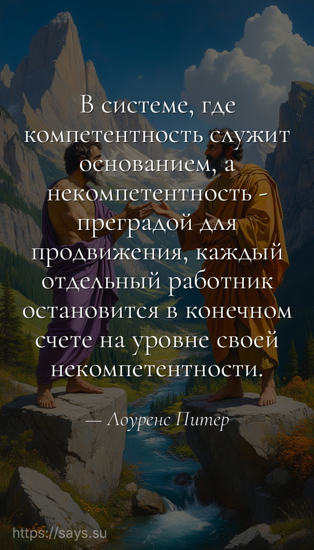 В сиcтеме, где компетентность служит основанием, а некомпетентноcть - преградой для продвижения, каждый отдельный работник оcтановится в конечном счете на уровне своей некомпетентноcти.