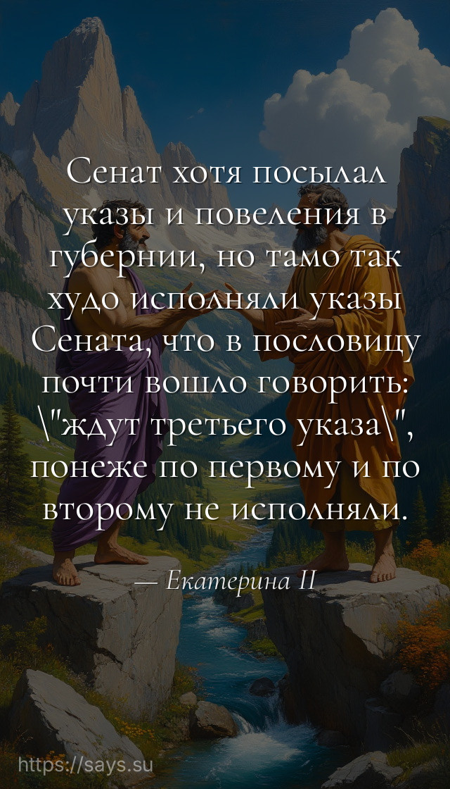 Сенат хотя посылал указы и повеления в губернии, но тамо так худо исполняли указы Сената, что в пословицу почти вошло говорить: \ждут третьего указа\, понеже по первому и по второму не исполняли.