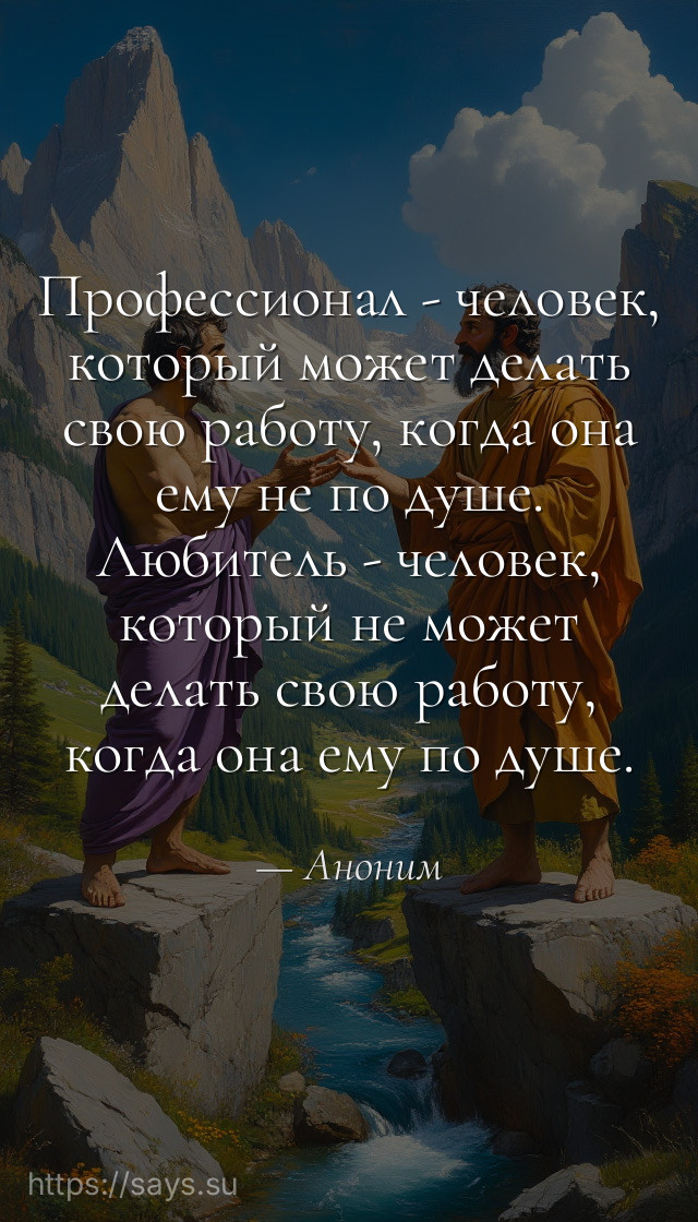 Профессионал - человек, который может делать свою работу, когда она ему не по душе. Любитель - человек, который не может делать свою работу, когда она ему по душе.