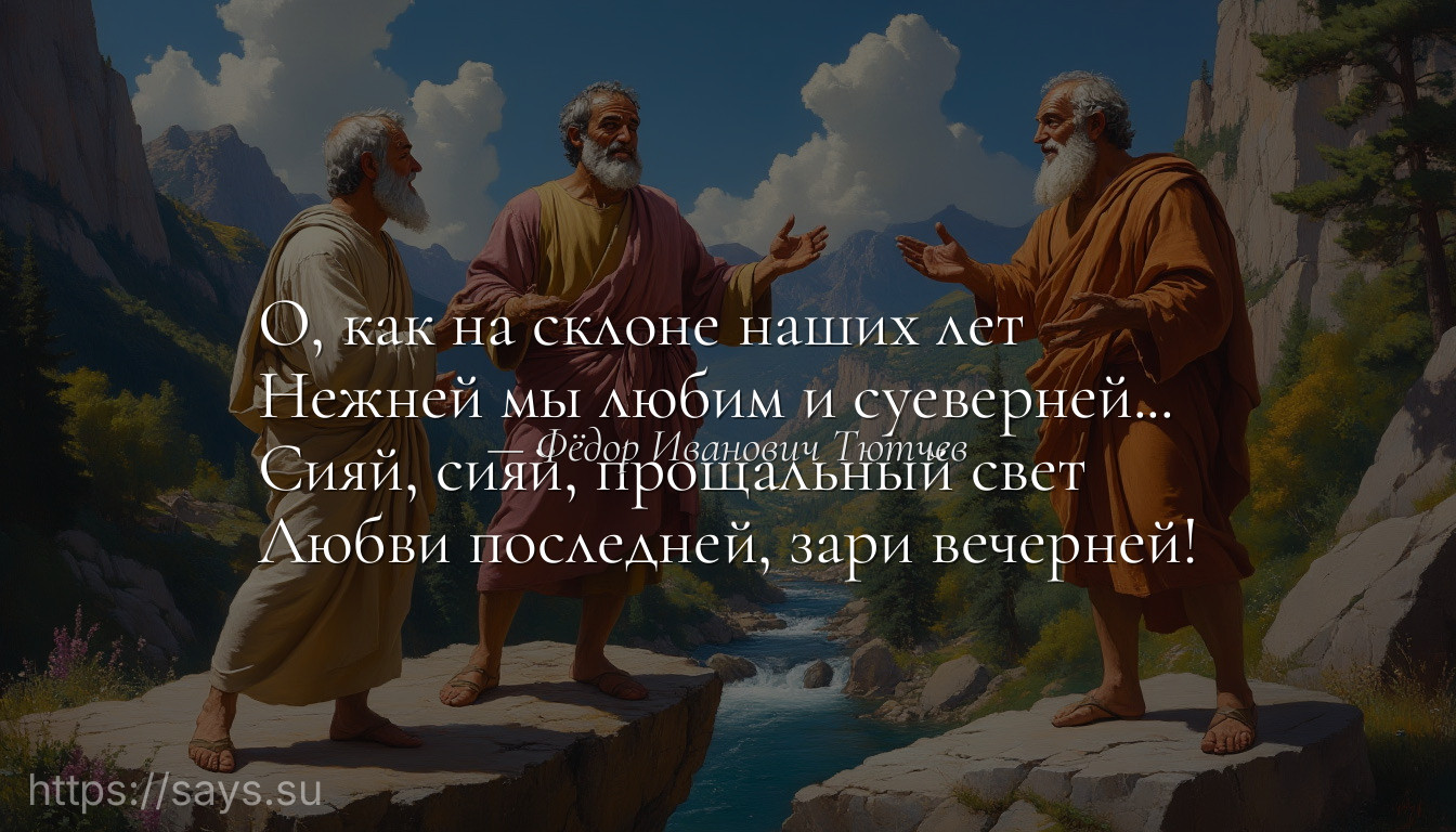 О, как на склоне наших лет <br />Нежней мы любим и суеверней... <br />Сияй, сияй, прощальный свет <br />Любви последней, зари вечерней!