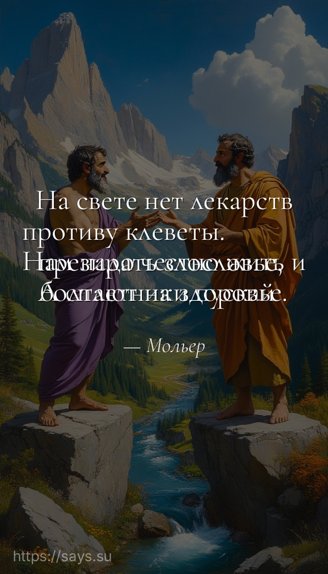 На свете нет лекарств противу клеветы. <br />Нам надо честно жить и презирать злословье, <br />А сплетники пускай болтают на здоровье.