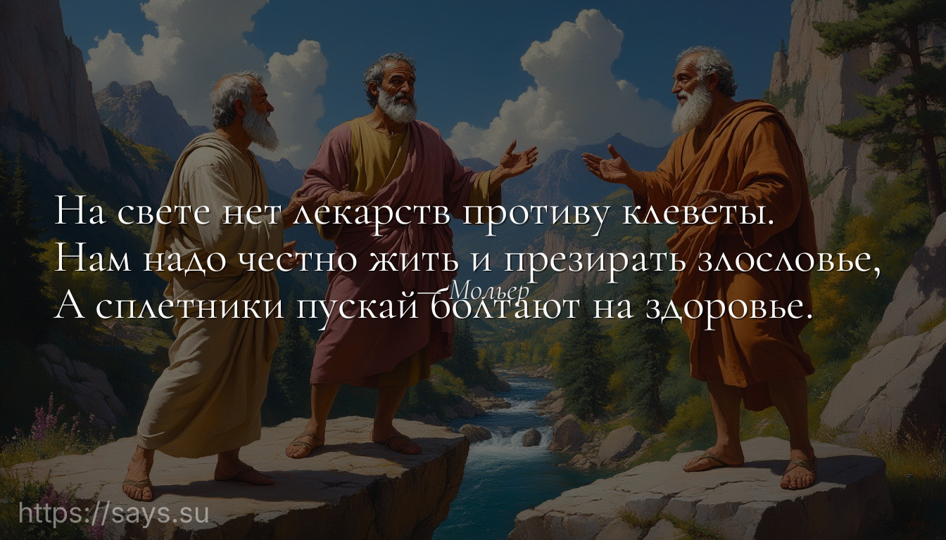 На свете нет лекарств противу клеветы. <br />Нам надо честно жить и презирать злословье, <br />А сплетники пускай болтают на здоровье.