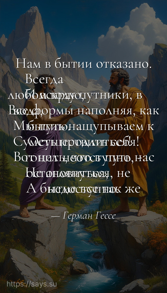 Нам в бытии отказано. Всегда<br />И всюду путники, в любом краю,<br />Все формы наполняя, как вода,<br />Мы путь нащупываем к бытию.<br />Осуществить себя! Суметь продлиться!<br />Вот цель, что в путь нас гонит неотступно, -<br />Не оглянуться, не остановиться,<br />А бытие все так же недоступно.