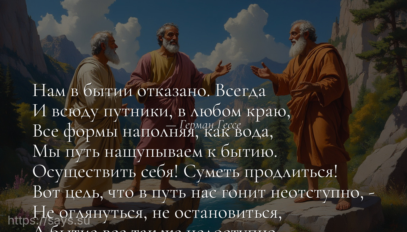 Нам в бытии отказано. Всегда<br />И всюду путники, в любом краю,<br />Все формы наполняя, как вода,<br />Мы путь нащупываем к бытию.<br />Осуществить себя! Суметь продлиться!<br />Вот цель, что в путь нас гонит неотступно, -<br />Не оглянуться, не остановиться,<br />А бытие все так же недоступно.